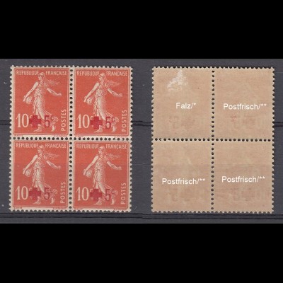 FRANKREICH MiNr. 126 Rotes Kreuz (1914) Vierer postfrisch/** (NEUF/MNH) - € 300