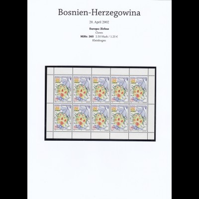 EUROPA CEPT Bosnien Herzegowina 2002 Kleinbogen/minisheet postfrisch/** (MNH) 